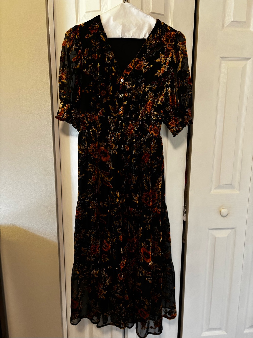 Black Floral Maxi Dress with V-Neck and Button Front